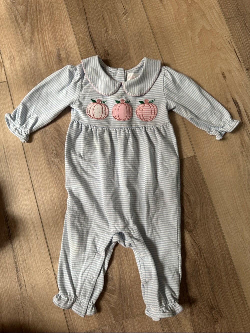Striped Pink Pumpkin Appliqué Footie One-Piece